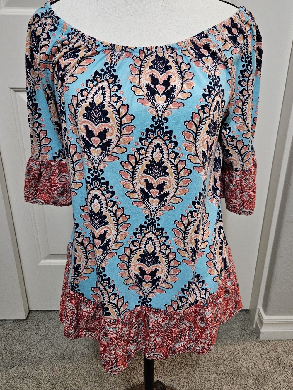 fig and flower Aqua Blue and Coral Off-Shoulder Tunic